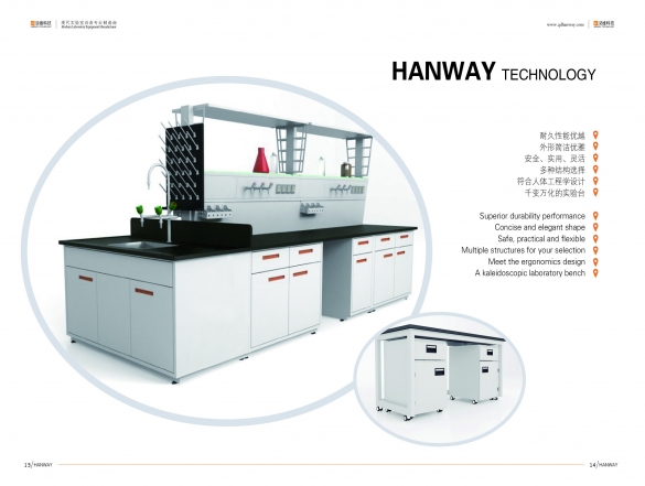 chemistry laboratory table with reagent shelf